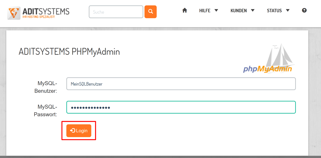 PHPMyAdmin-loging mit MySQL-Benutzer und Passwort.