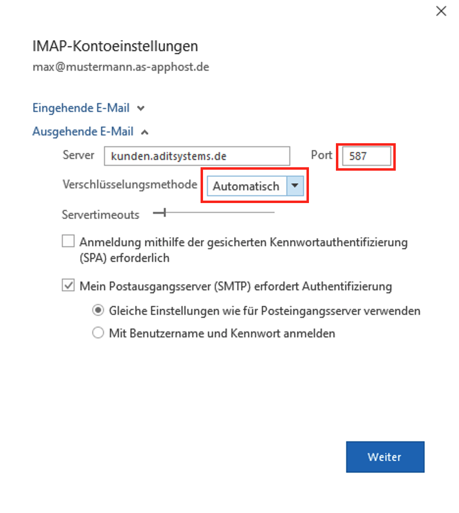 Outlook Verschluesselung TLS einstellen - Ausgehende E-Mail auf Port 587 und Verschlüsselungsmethode auf Automatisch